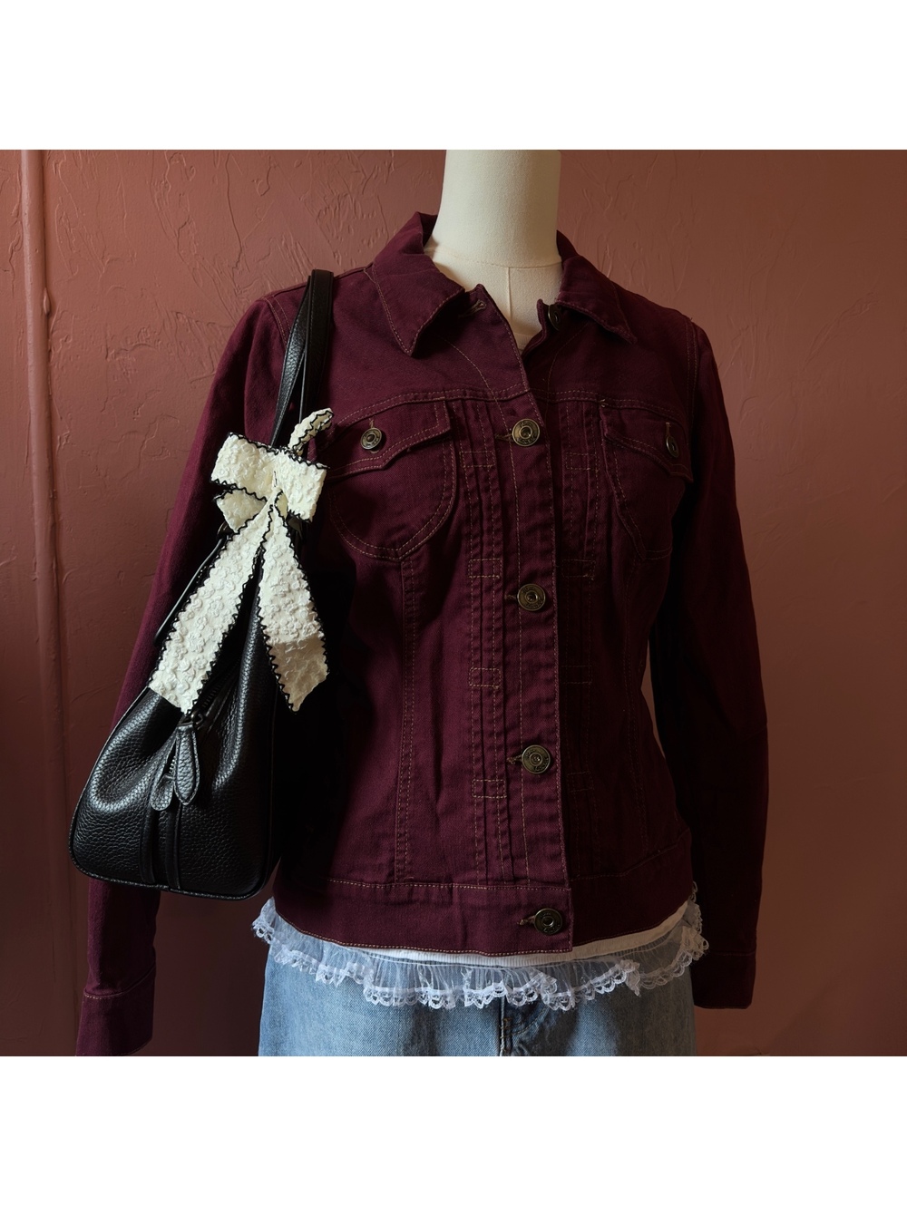 Y2K Burgundy Denim Jacket Button Up Cotton Trucker Jean Coat Top Medium Western